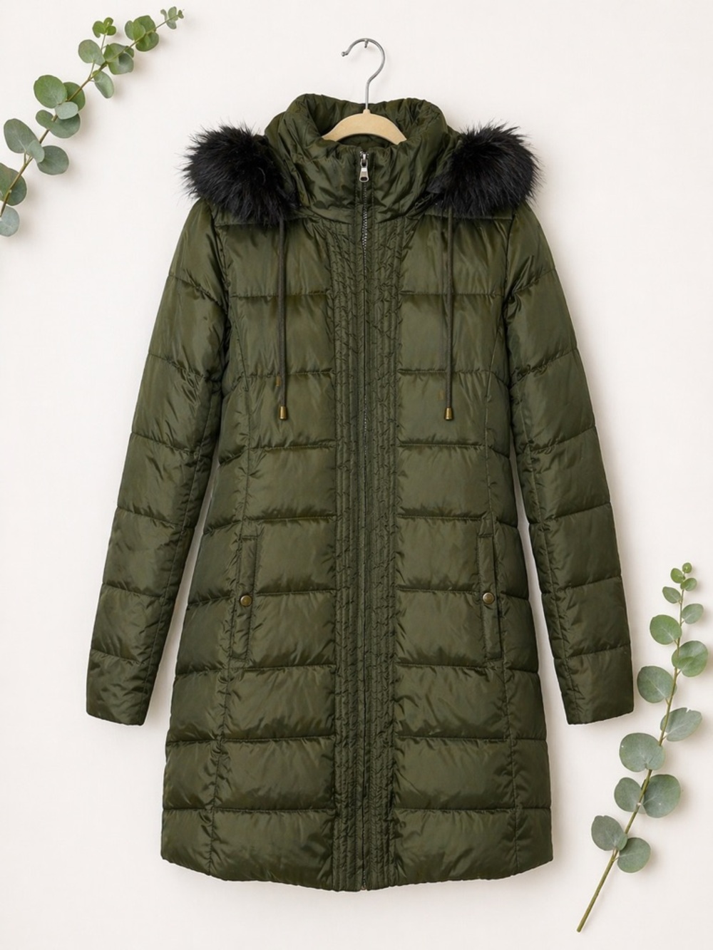 Lauren Ralph Lauren Green Puffer Coat Faux Fur Hood Long Jacket Women L